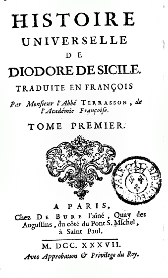 Diodore de Sicile, traduit par l'abbé Terrasson : Tome I